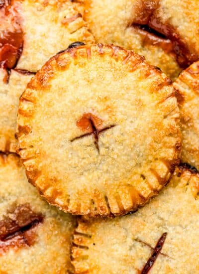 Overhead of hand pies overlapping and close-up.