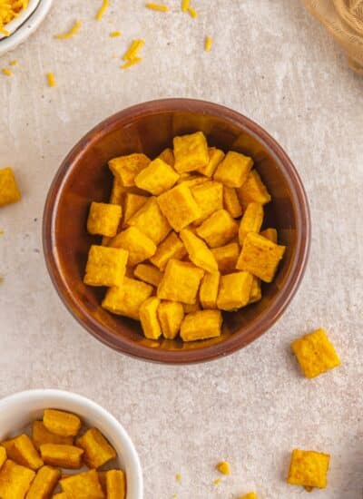 Overhead shot of Homemade Cheez Its in a bowl.