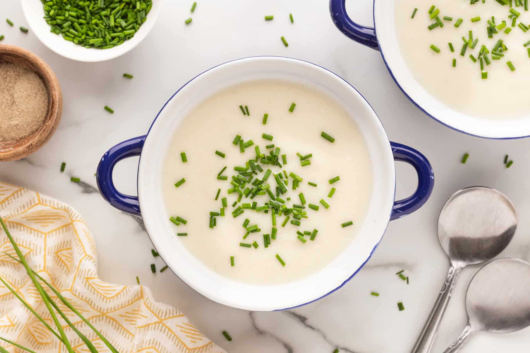 Horizontal photo of Julia Child's vichyssoise from overhead. 