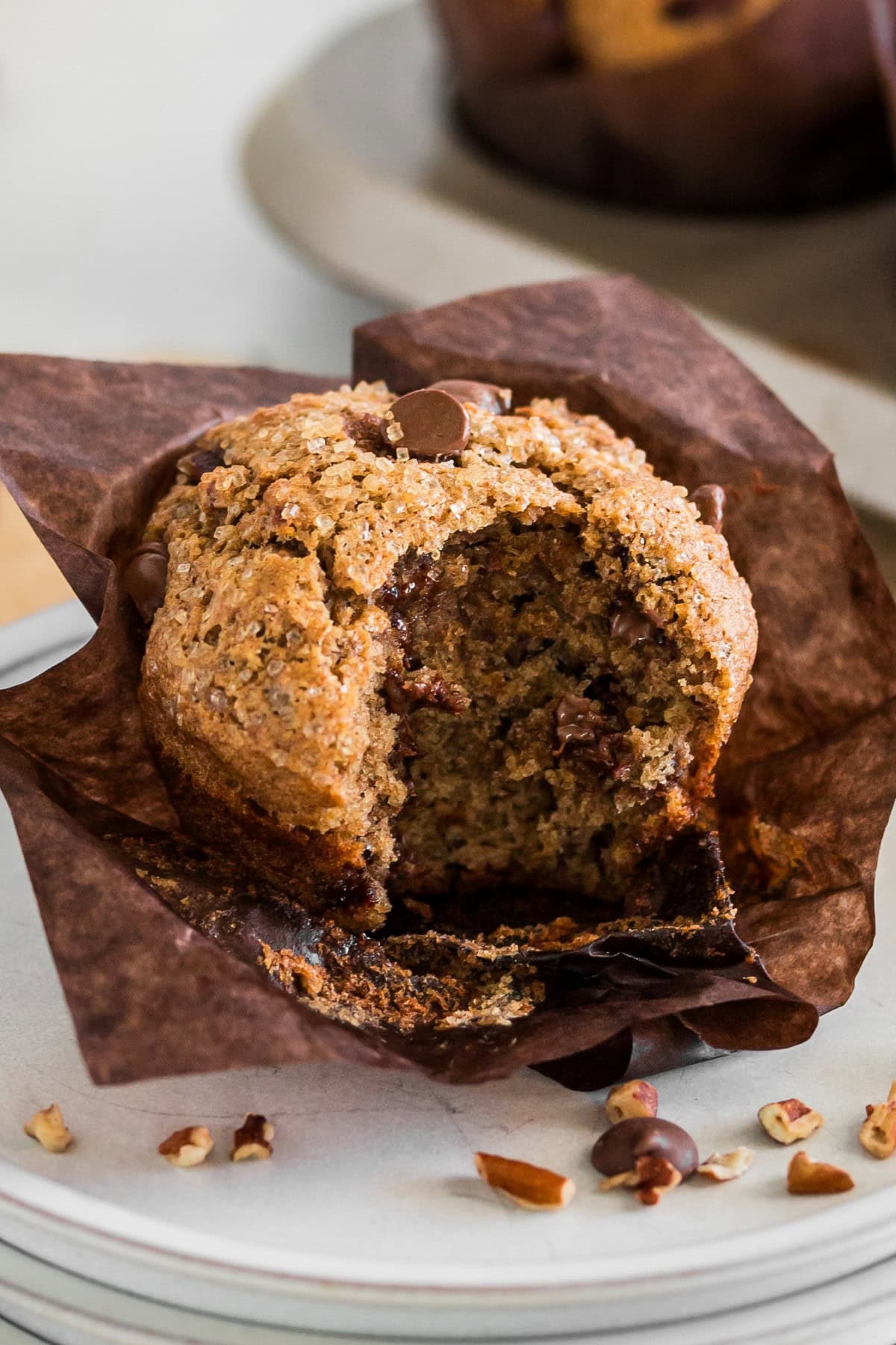 A bite taken so you can see the inside of the muffin. 