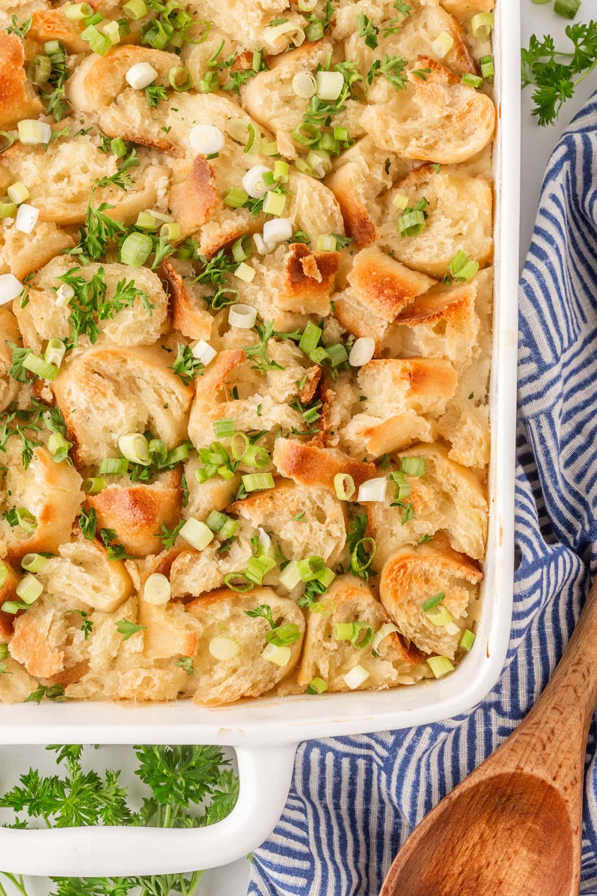 Vertical overhead picture of Chicken Casserole with a crunchy bread topping. 