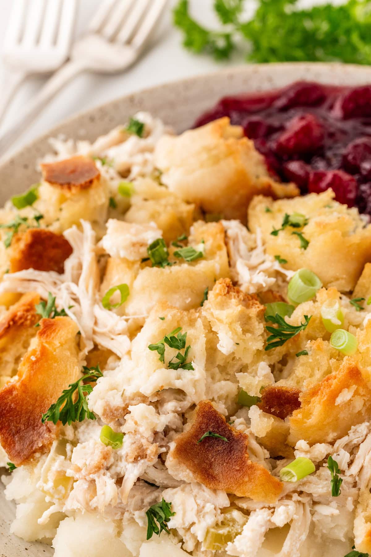 Plated over top of mashed potatoes with cranberry sauce in the background. 