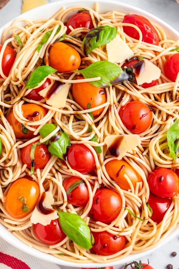 Over head of a bowl of fresh tomato pasta recipe. 