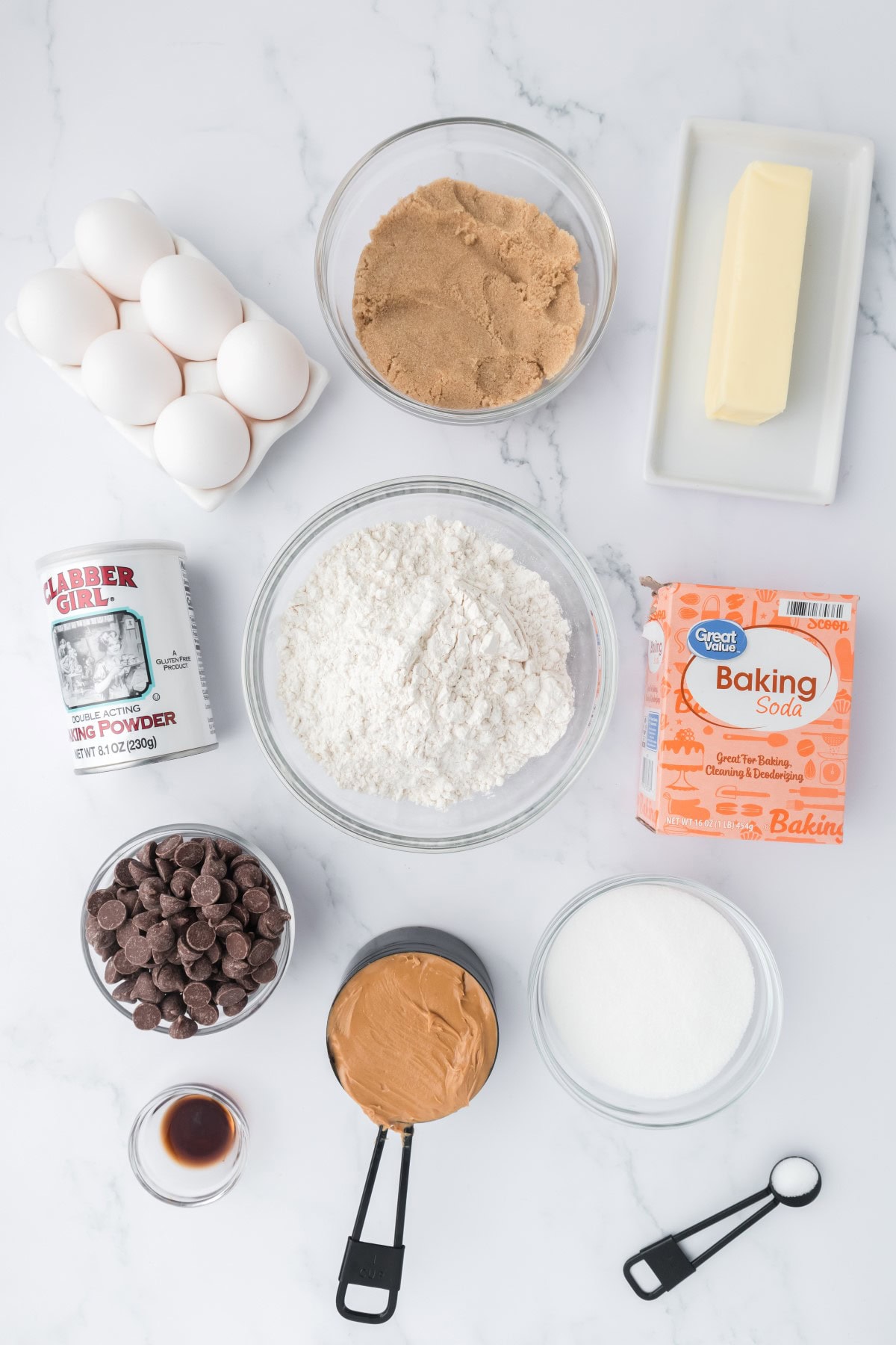 Ingredients for Peanut Butter Chocolate Chip Cookies.