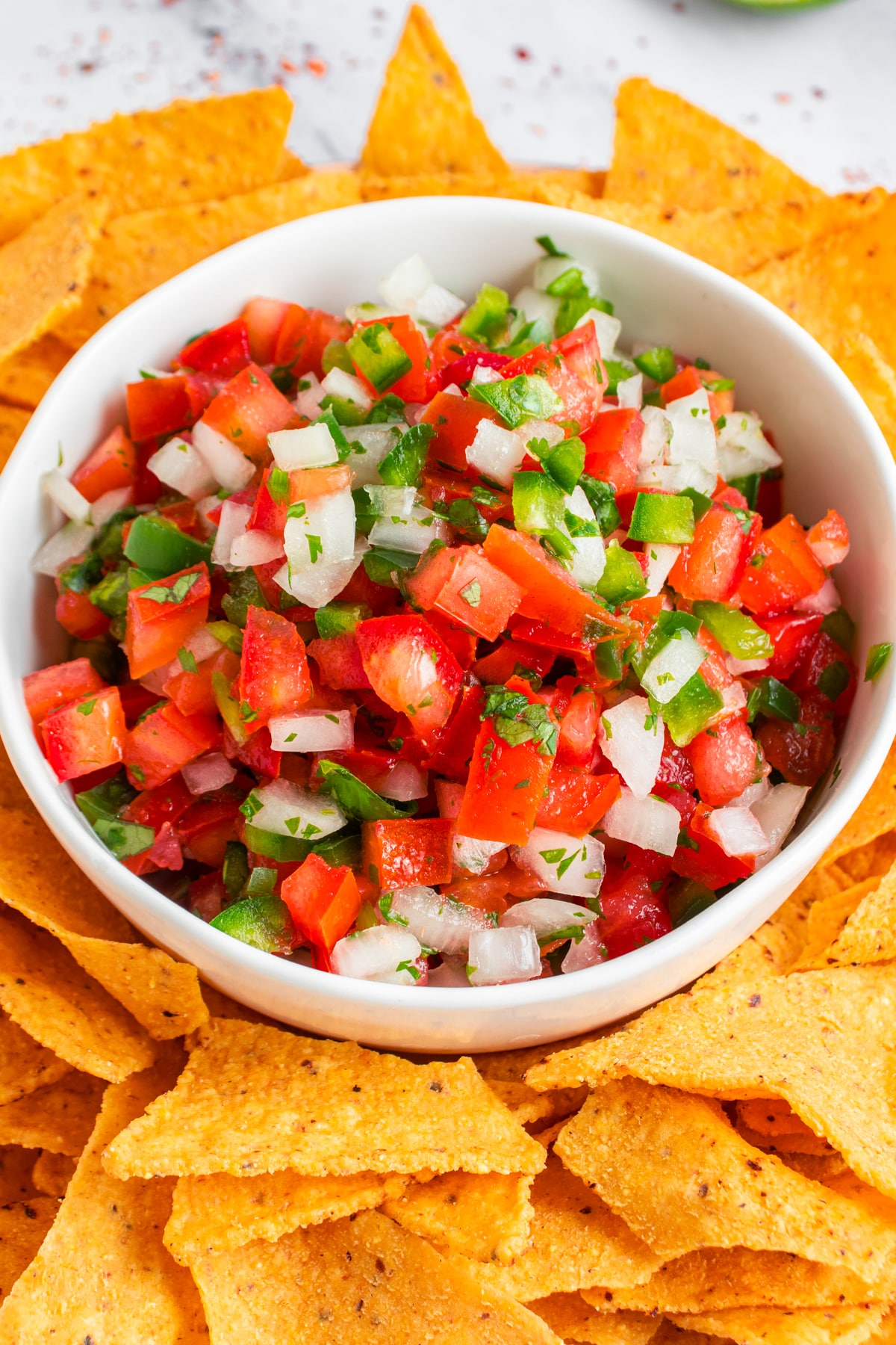 Pico de gallo in a serving bowl with nachos.