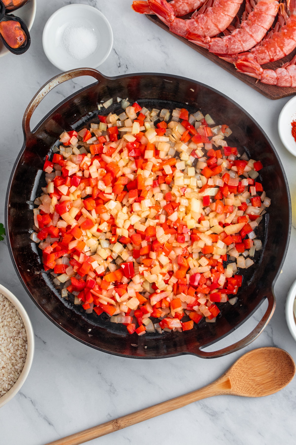 Sauteed onion, red bell pepper and minced garlic.