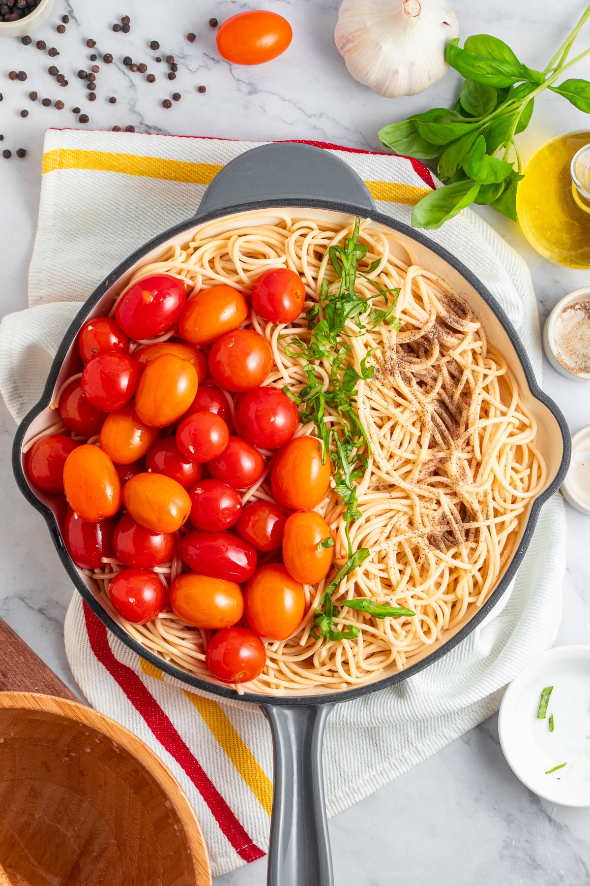 Fresh tomato pasta about to be mixed.