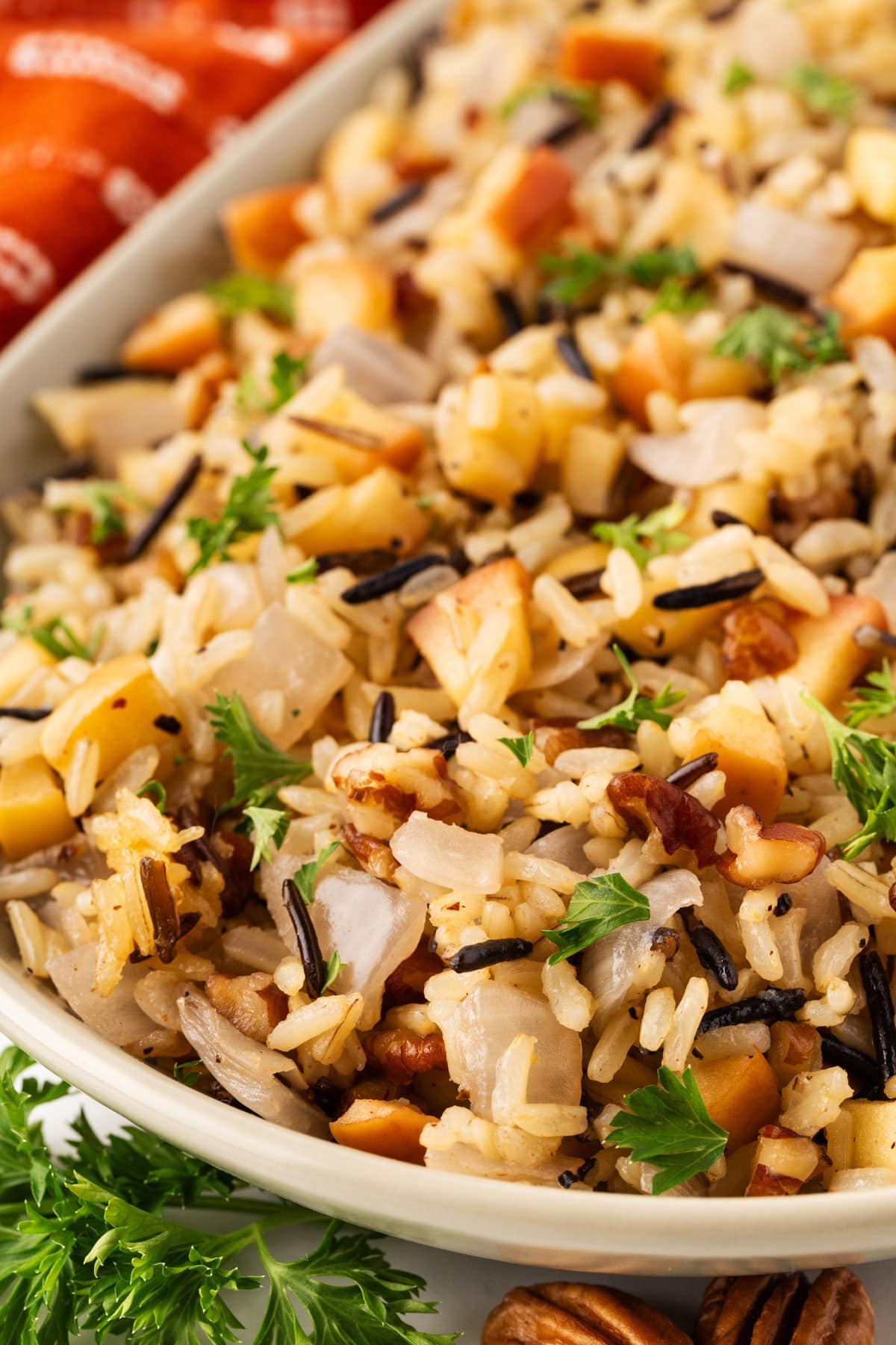 Wild Rice Recipe close-up on a platter. 