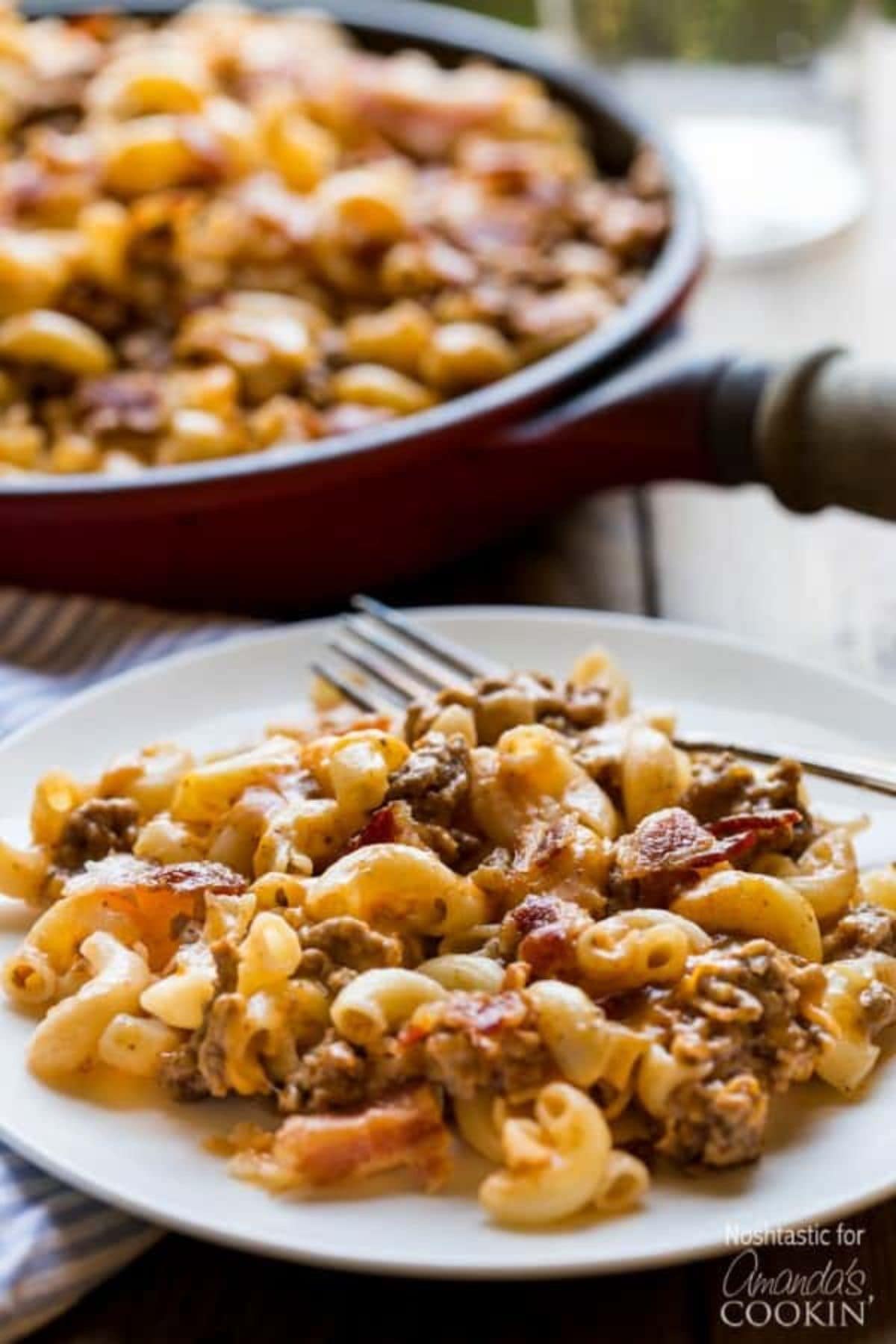 Plate full of bacon cheeseburger pasta ready to serve.