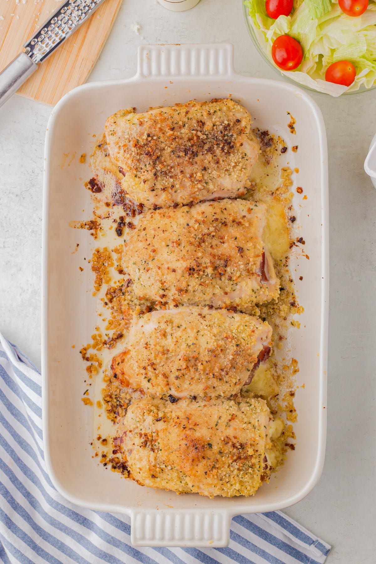 Chicken finished baking in the pan. 