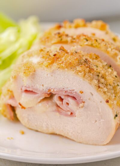 Close-up of Chicken Cordon Bleu sliced in half.