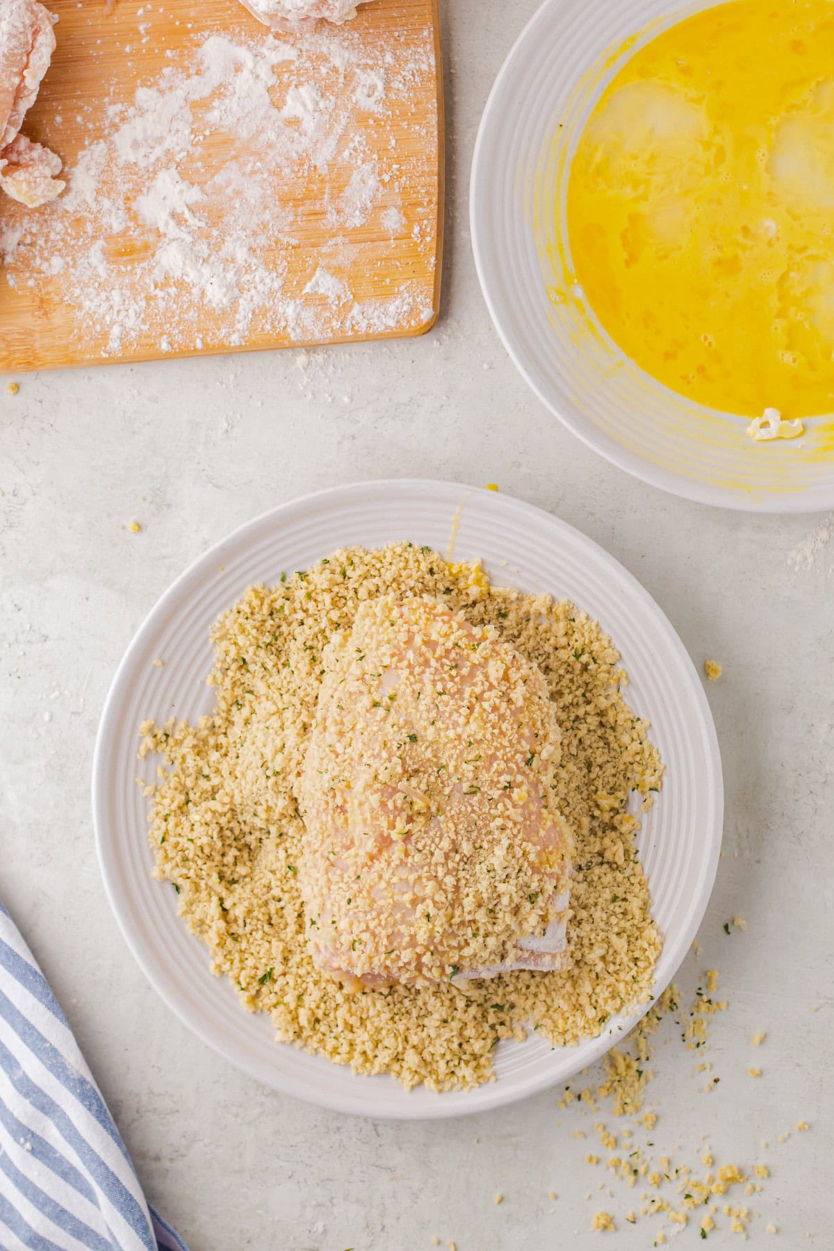 Chicken rolled in panko crumbs. 