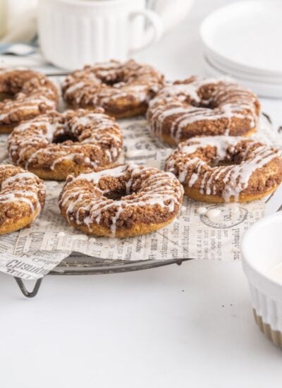 Front view of donuts on a rack.