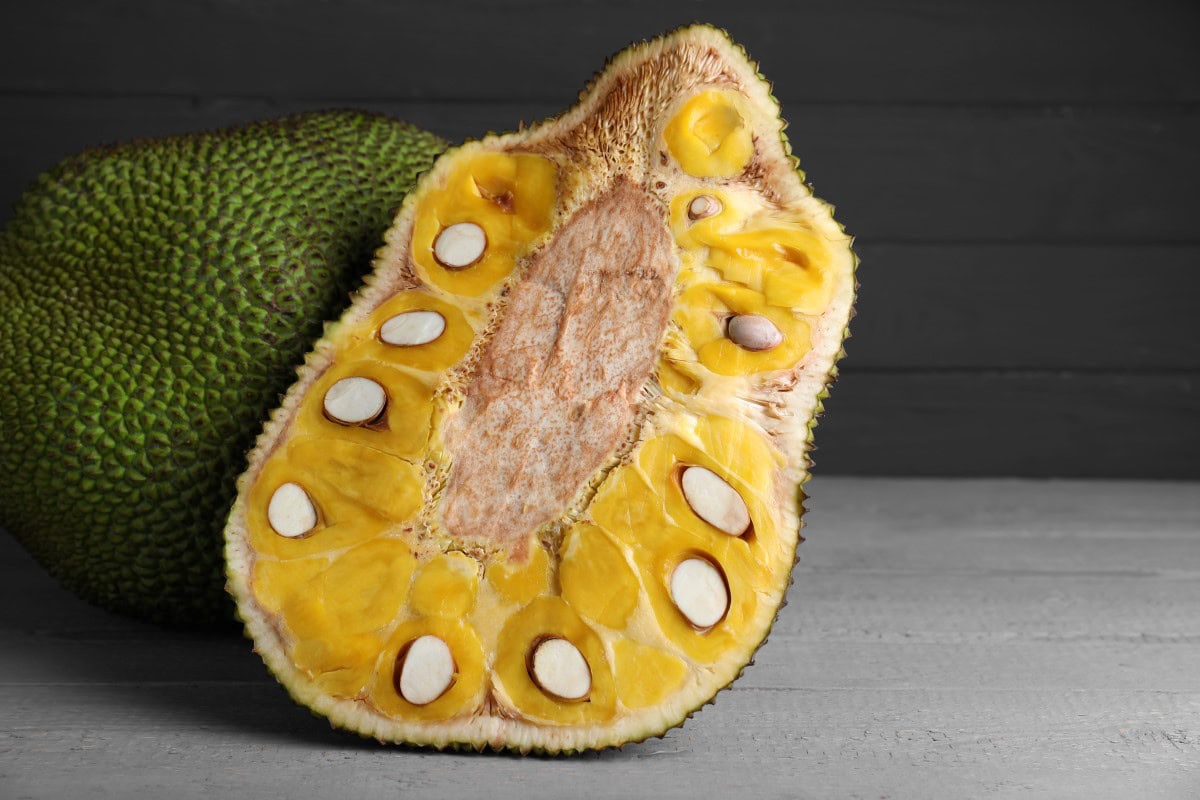 Delicious cut and whole exotic jackfruit on grey wooden table.