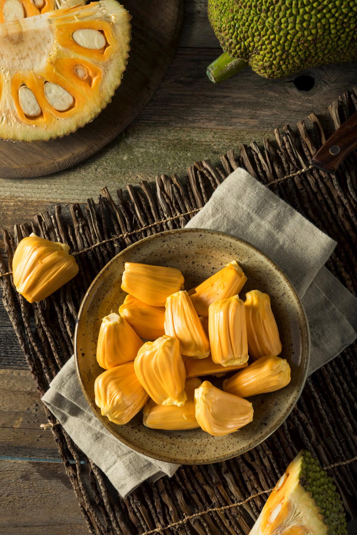 Inside sections of a jackfruit. 