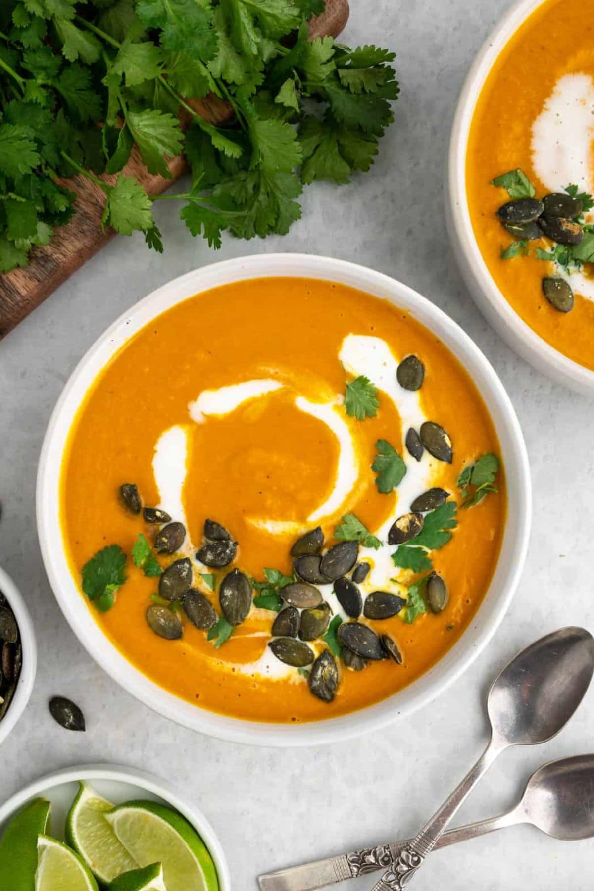 Bowl of pumpkin curry soup ready to be served.