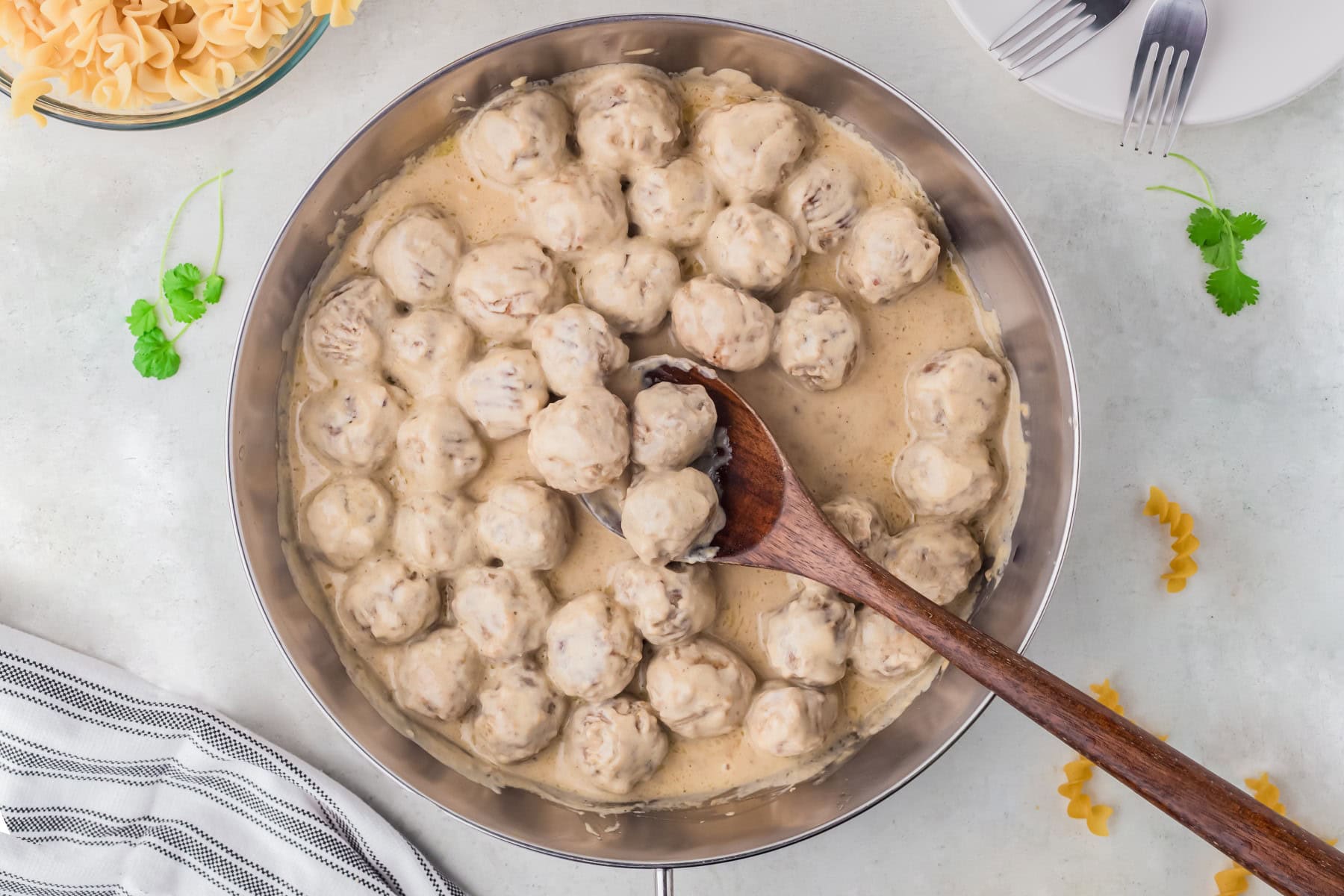 Horizontal picture of Swedish meatballs in a pan. 