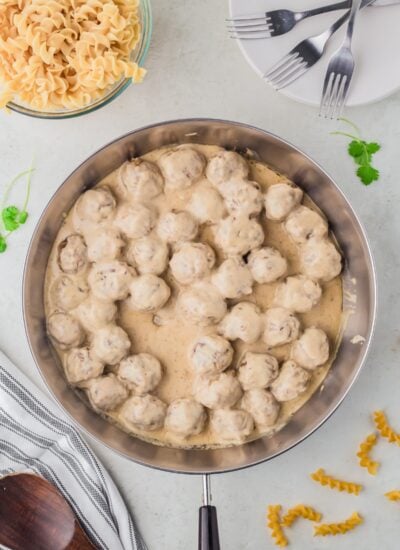 Swedish meatballs in a pan taken from overhead.