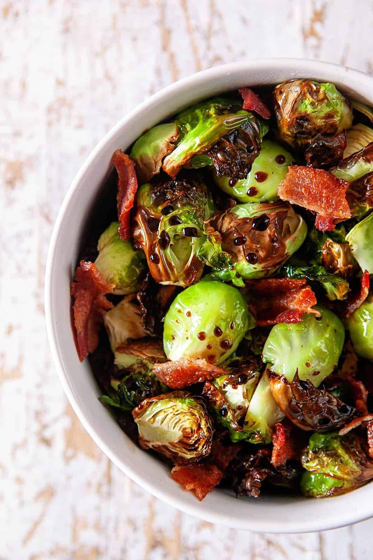 Bowl full of Air fryer brussels sprouts ready to serve.