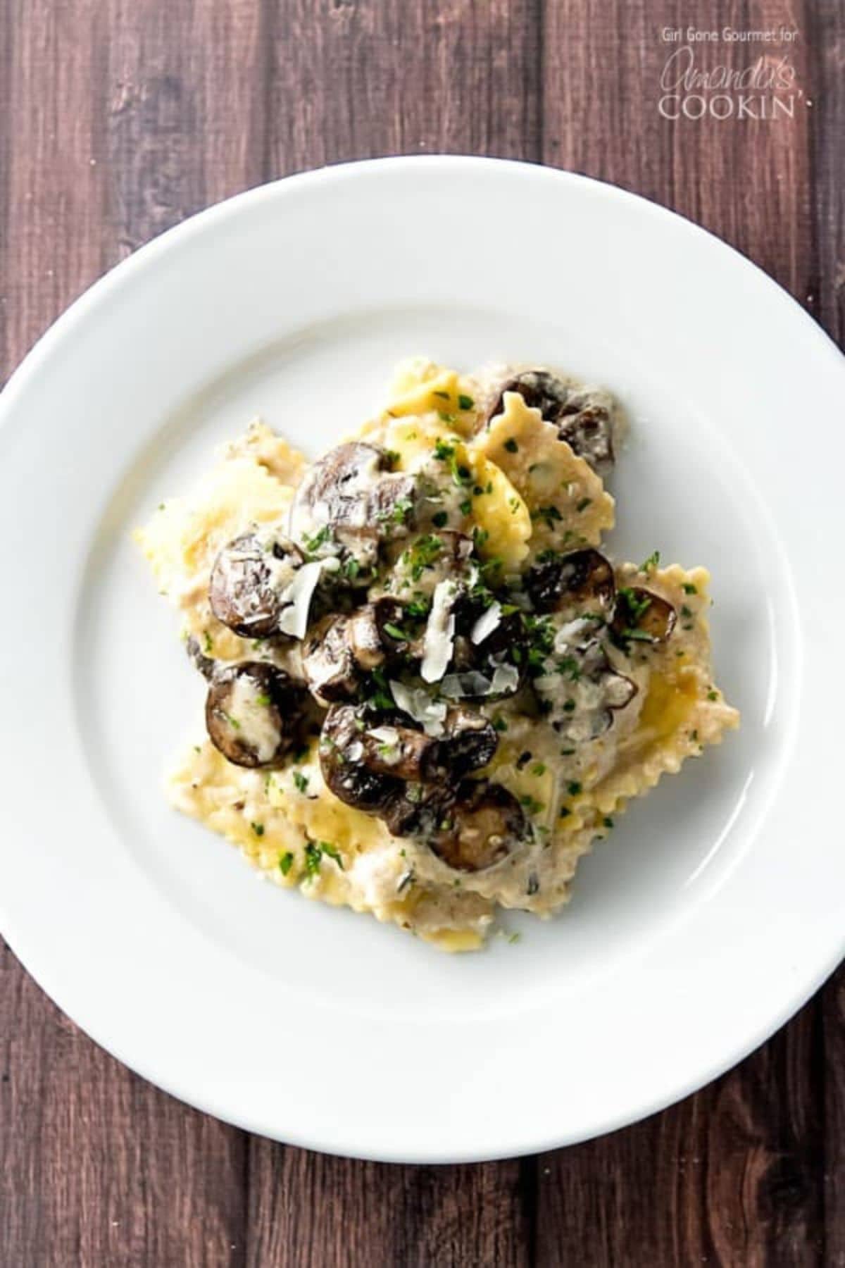 Serving of mushroom ravioli on a plate.