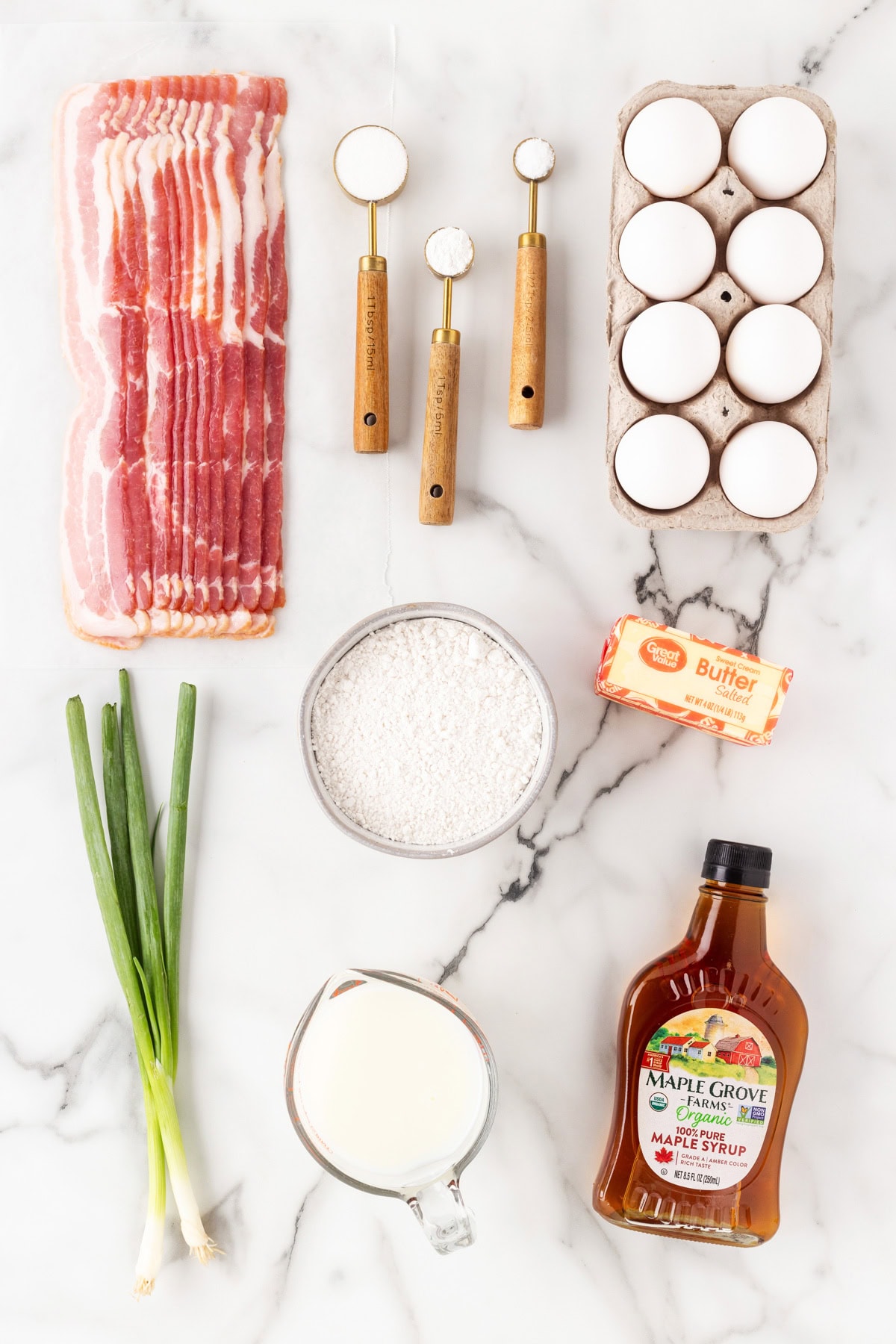 Ingredients for Bacon Waffles with Eggs. 