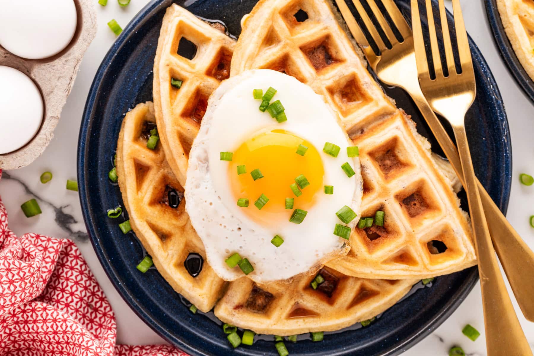 Horizontal photo of the finished Bacon Waffles with Eggs. 