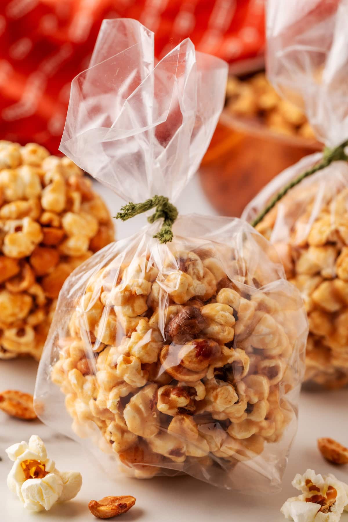 Popcorn ball in a cello bag. 