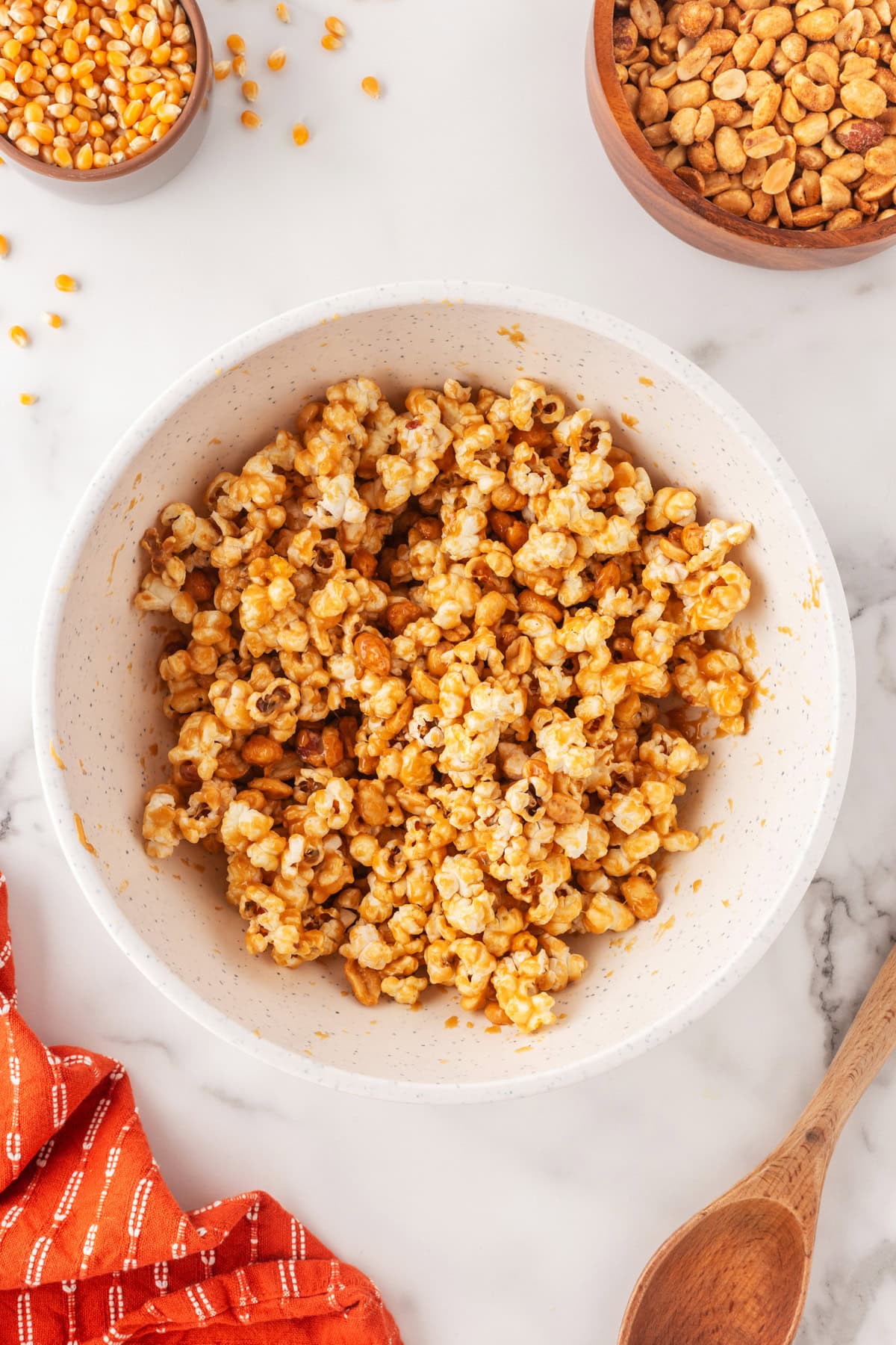 Popcorn made before rolling in balls. 