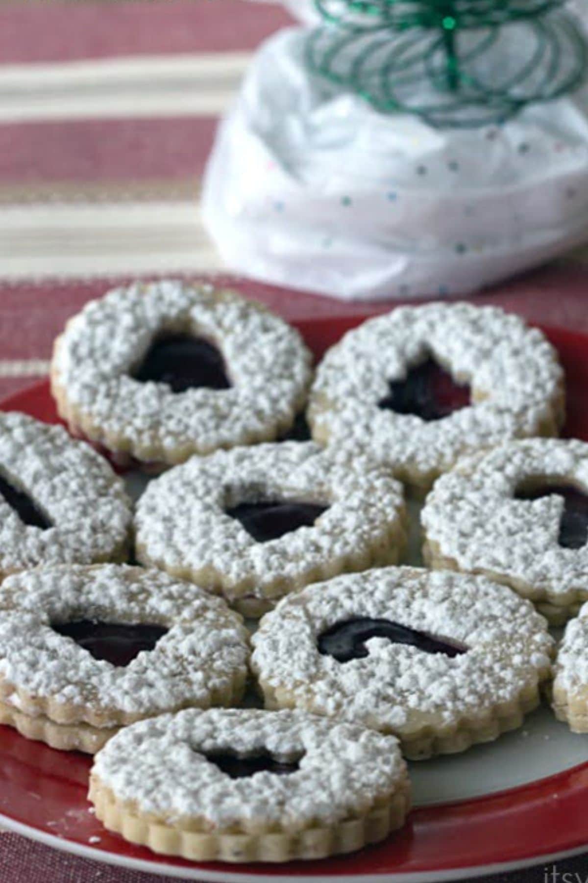 Linzer cookies on plate.