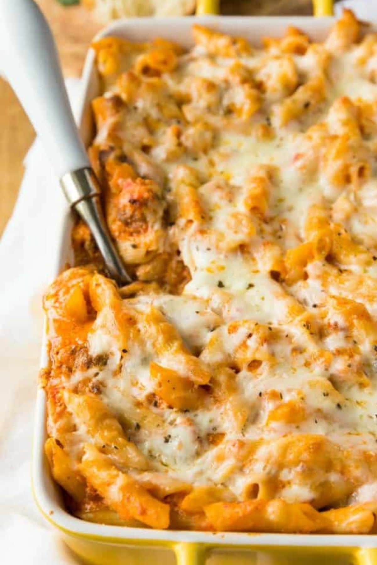 Casserole dish filled with penne alla vodka.