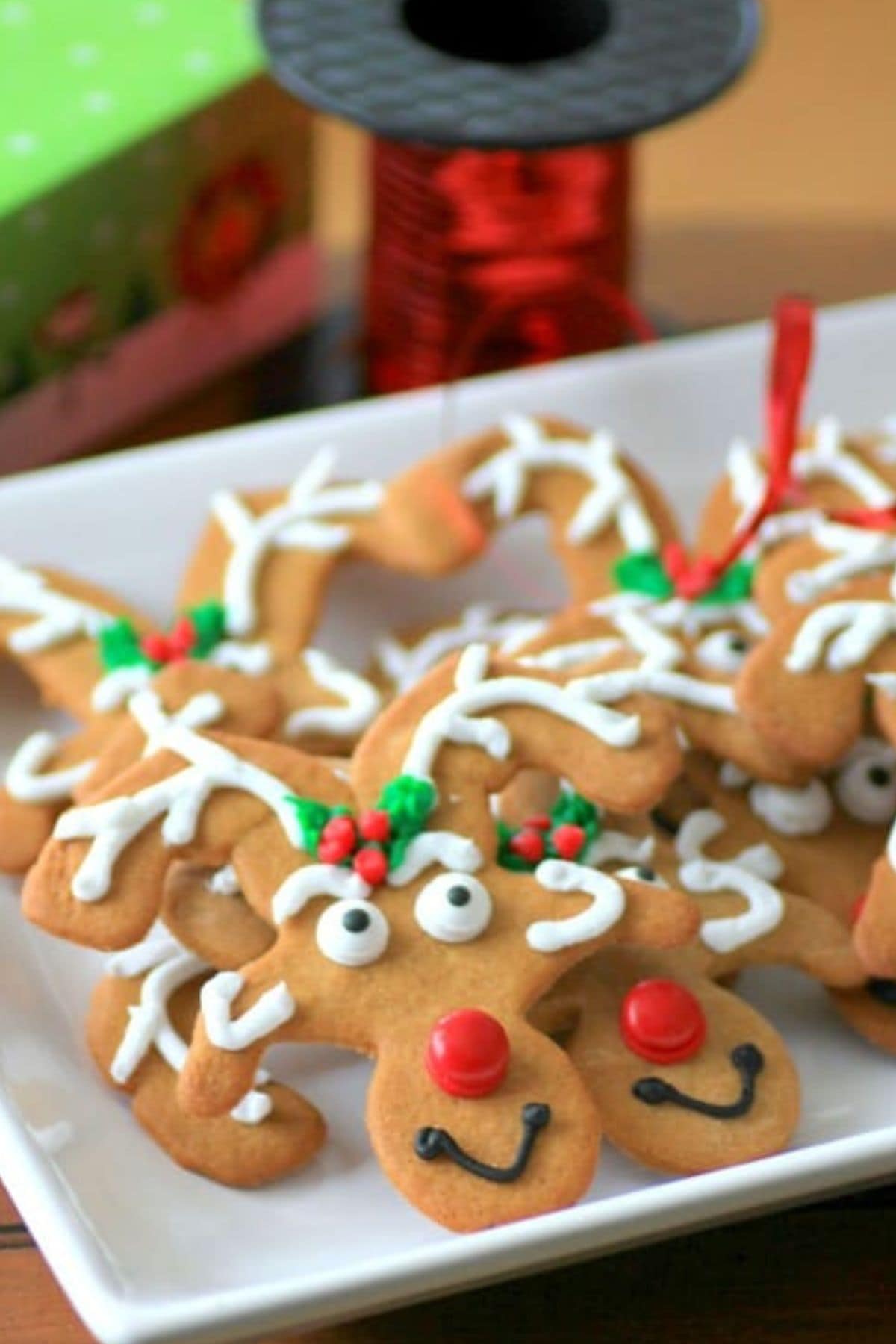 Reindeer cookies on platter.