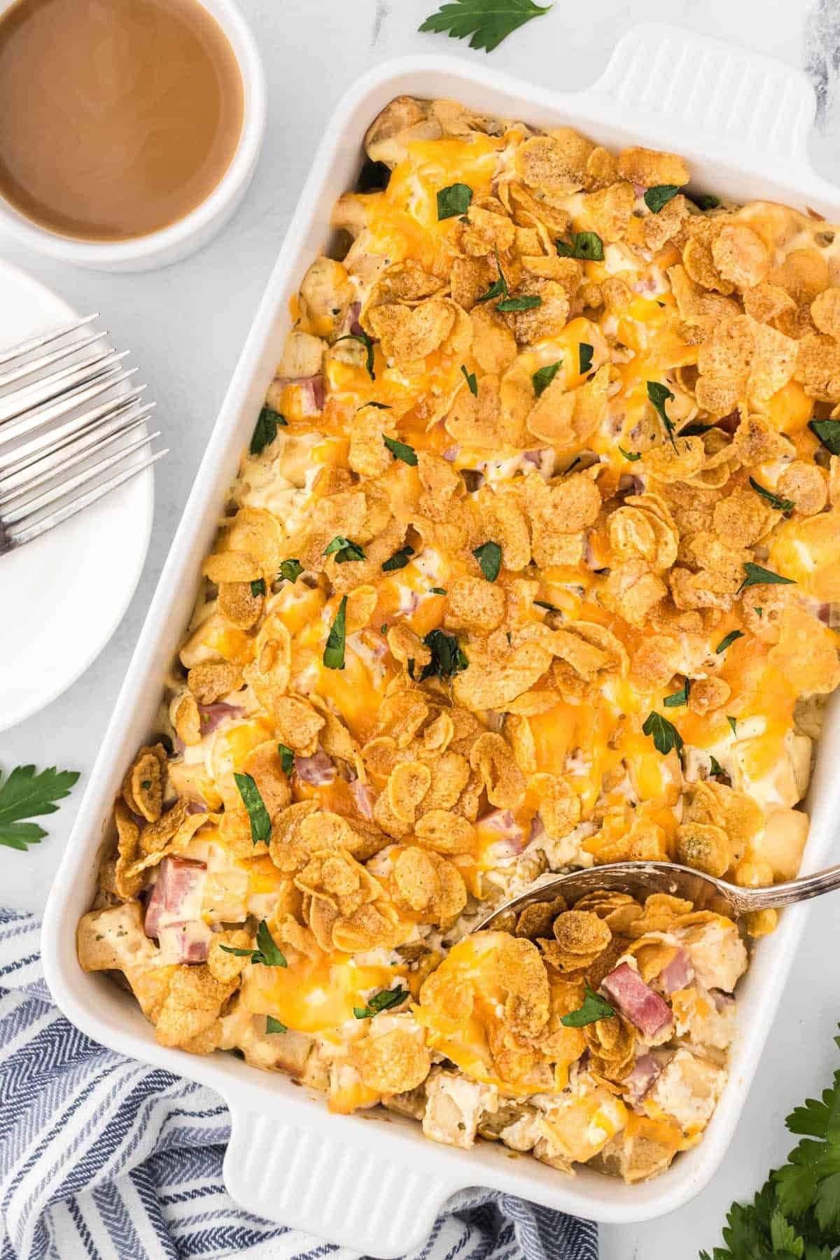 Dish full of eggless breakfast casserole.