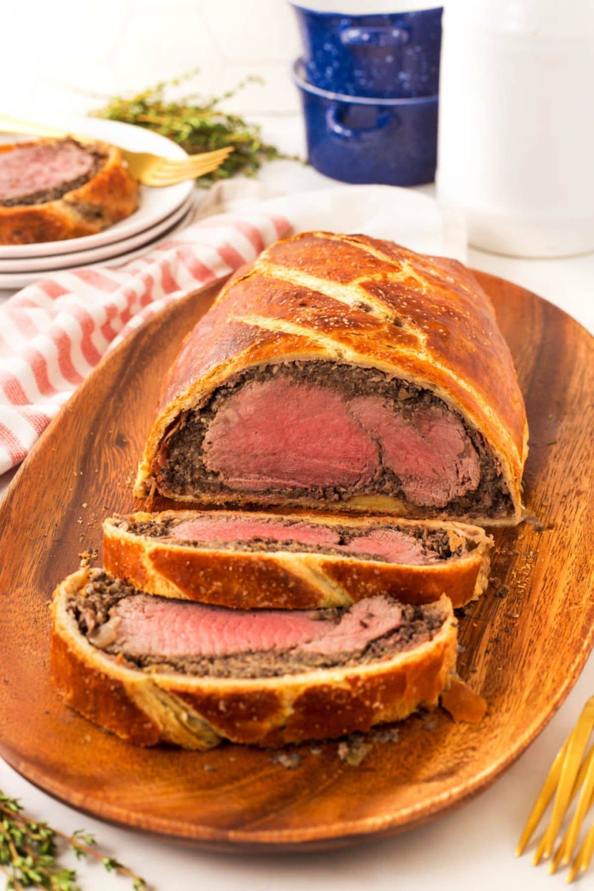 Beef Wellington on serving platter.