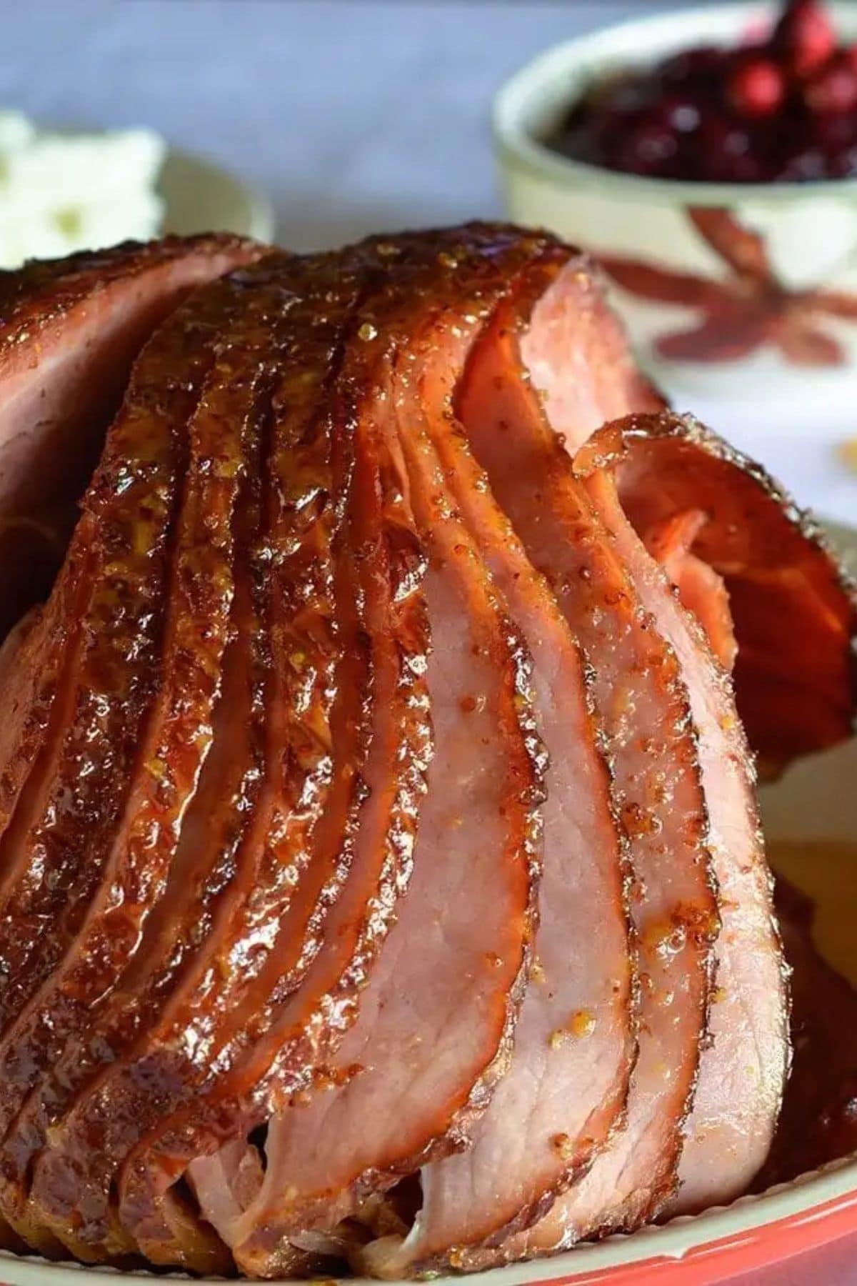 Sliced ham on plate.