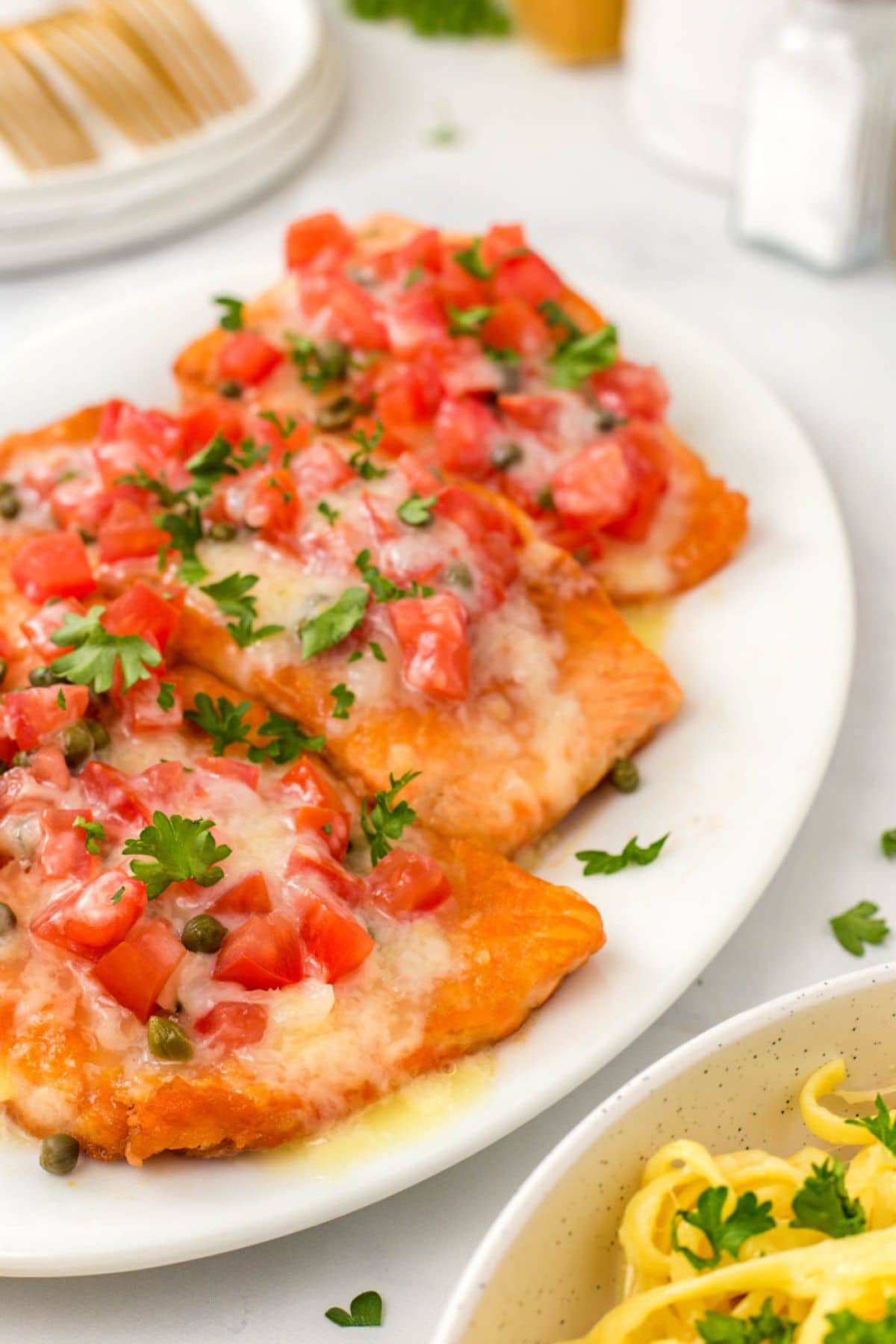 Salmon sorrento on a plate.