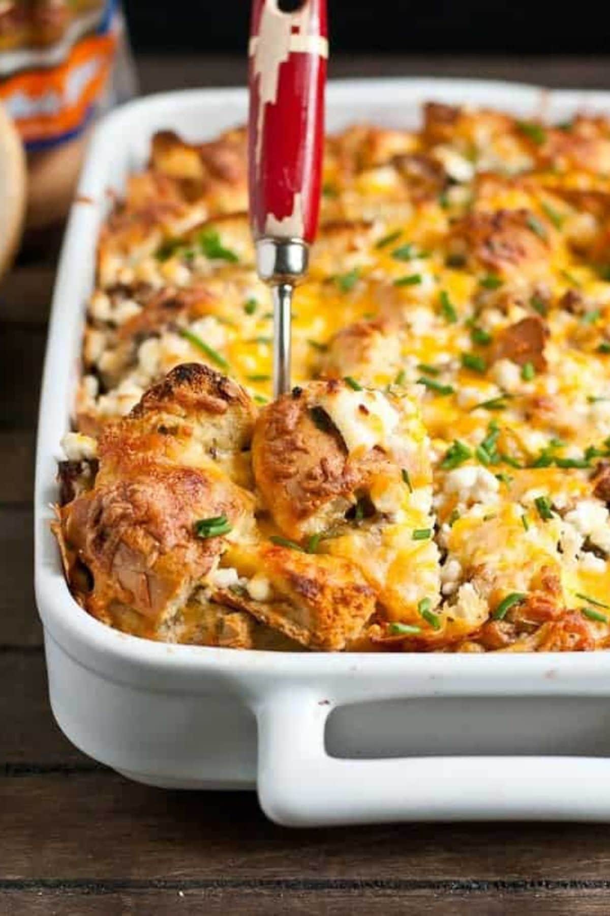 Baking dish full of bagel strata.