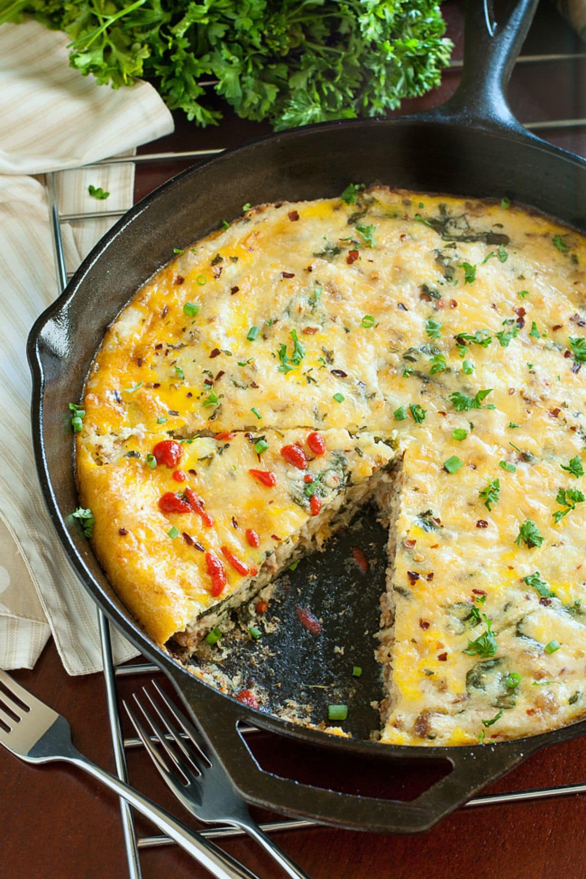 Skillet filled with breakfast bake.