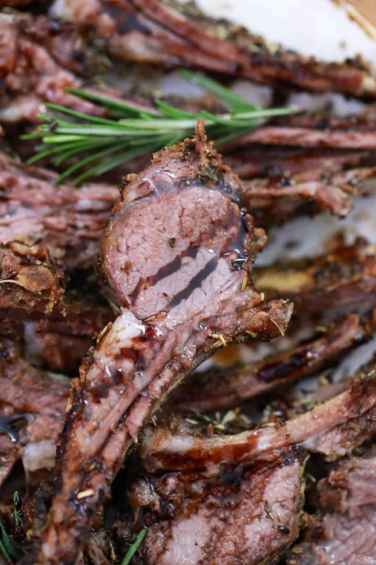 Rack of lamb on platter.