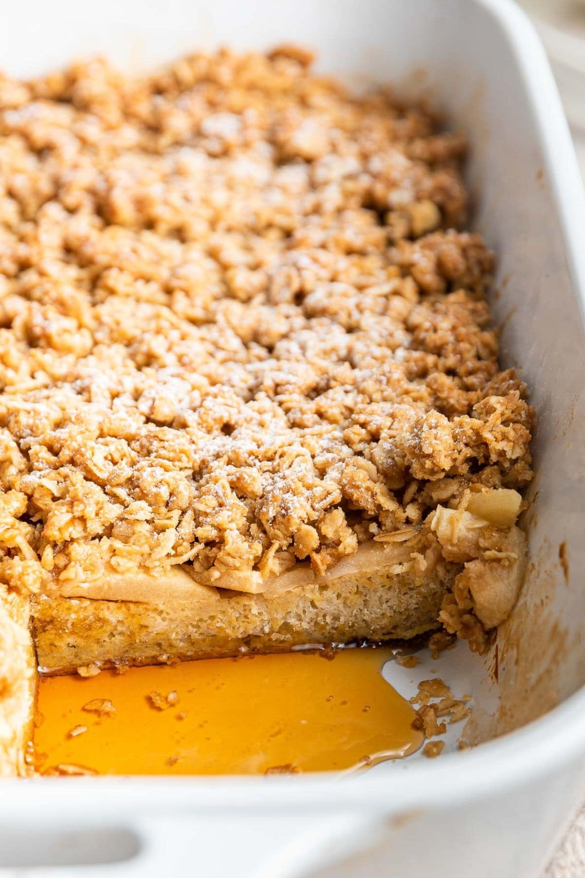 Apple crisp toast in baking dish.