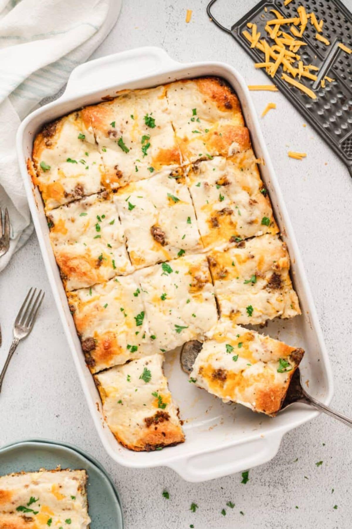 Dish full of biscuits gravy casserole.