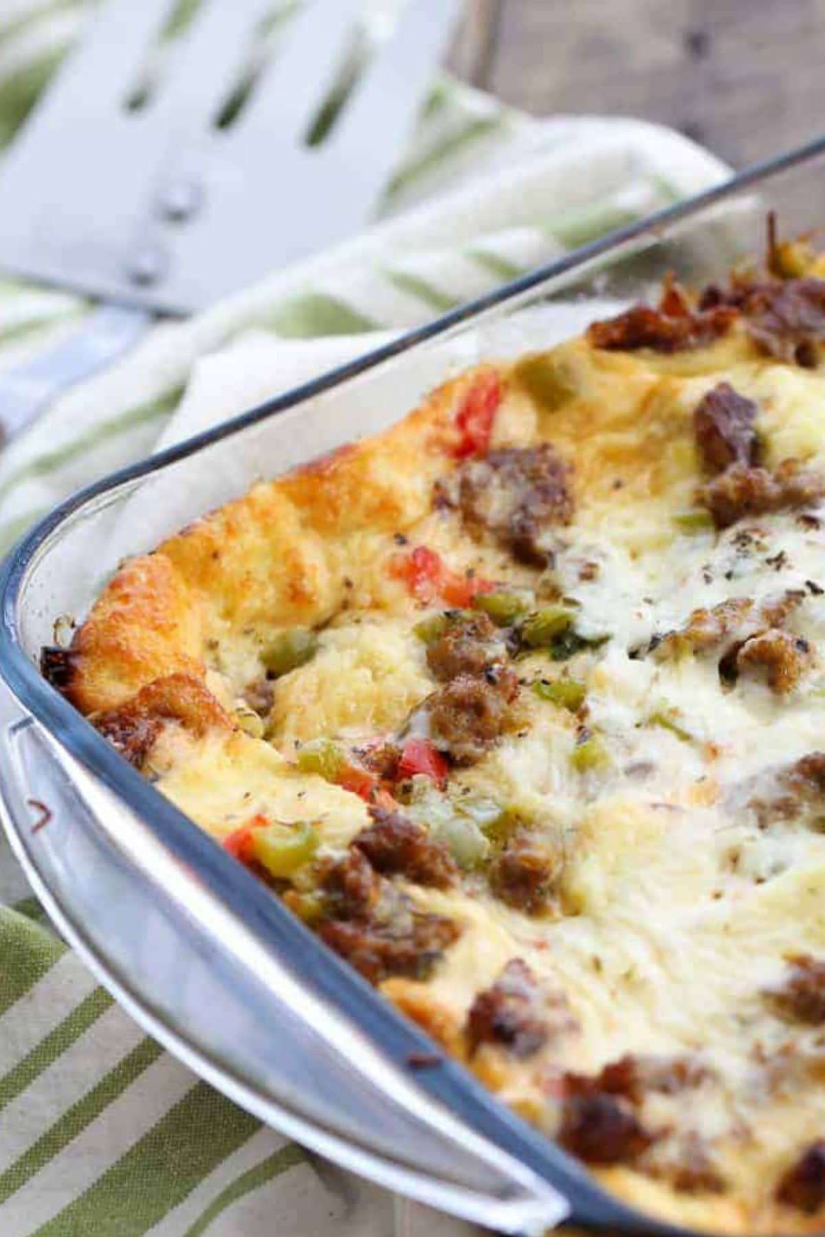 Sausage casserole in baking dish.