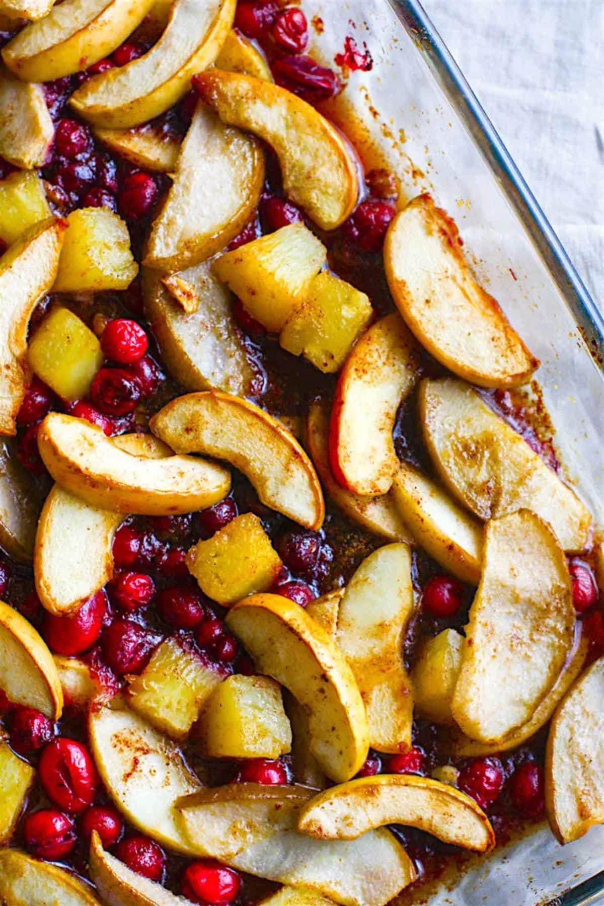 Spiced hot fruit in dish.