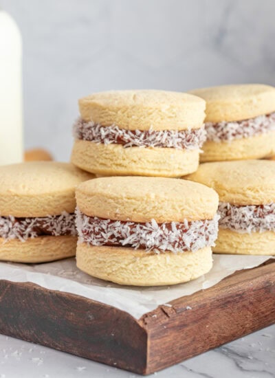 Alfajores stacked onto each other.