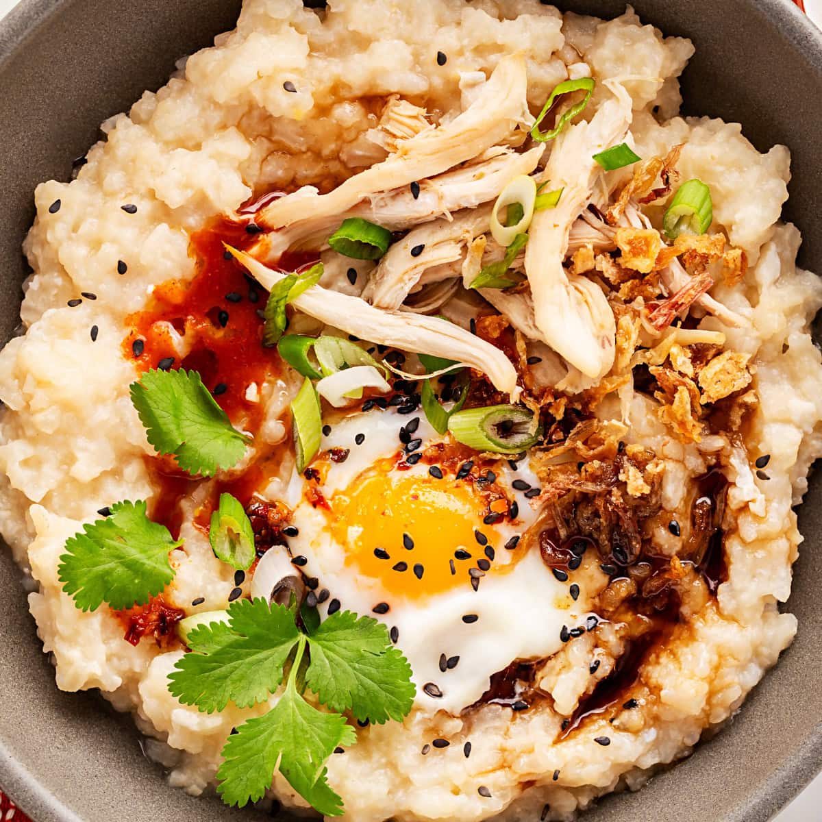 Overhead shot of congee. 