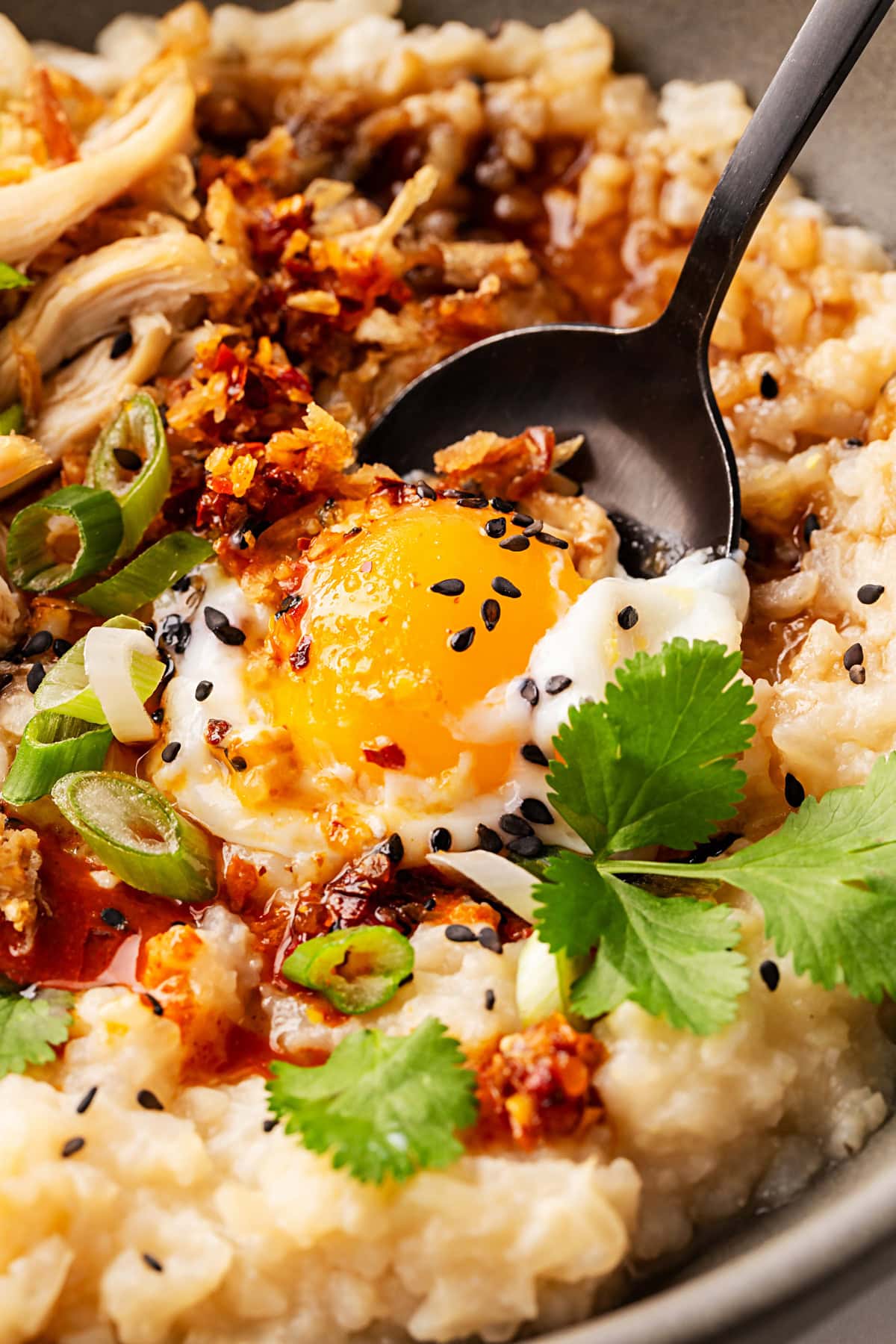 A spoon going into congee. 