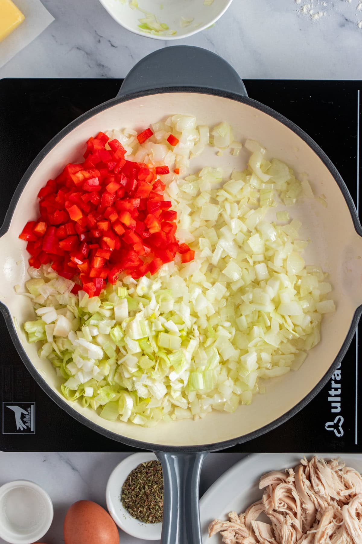 Adding red bell pepper and leek.