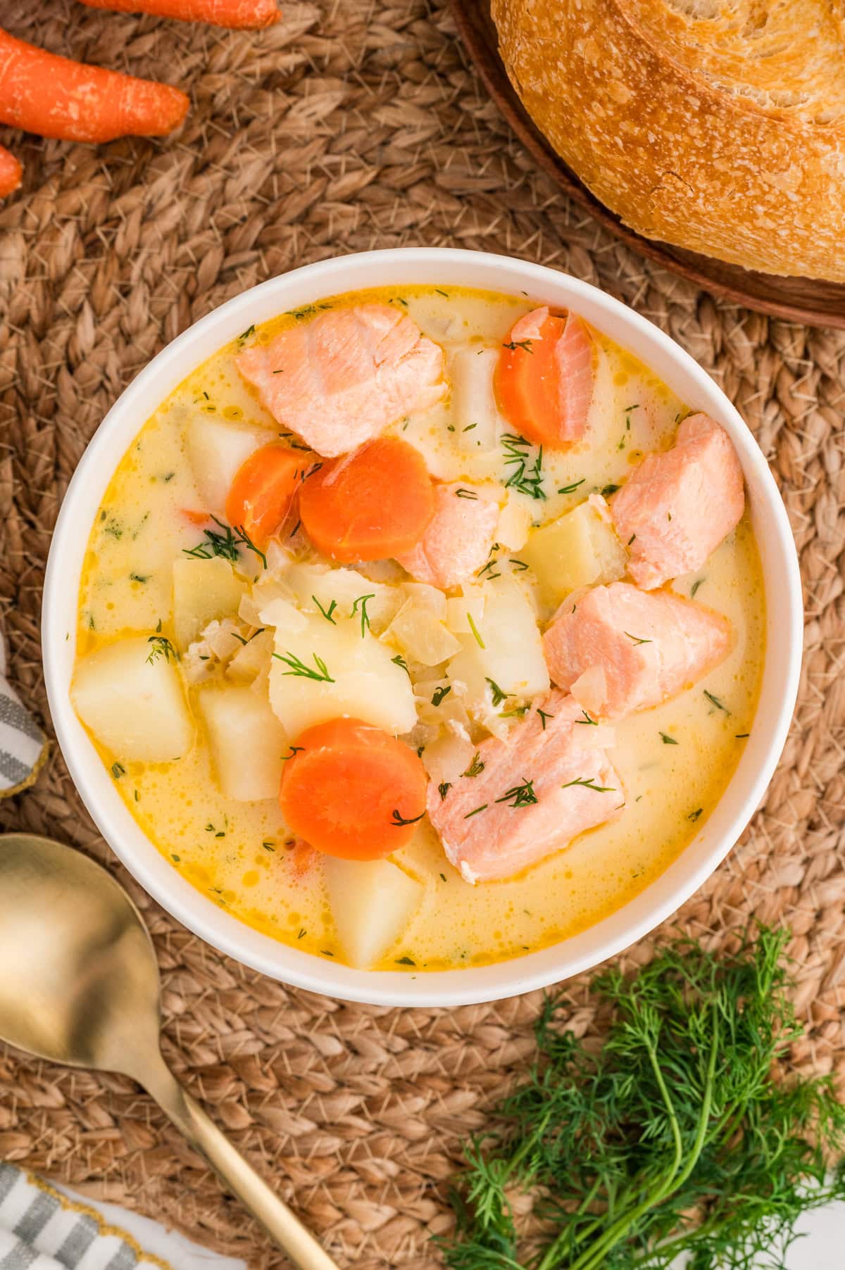 Overhead of Finnish Salmon Soup. 