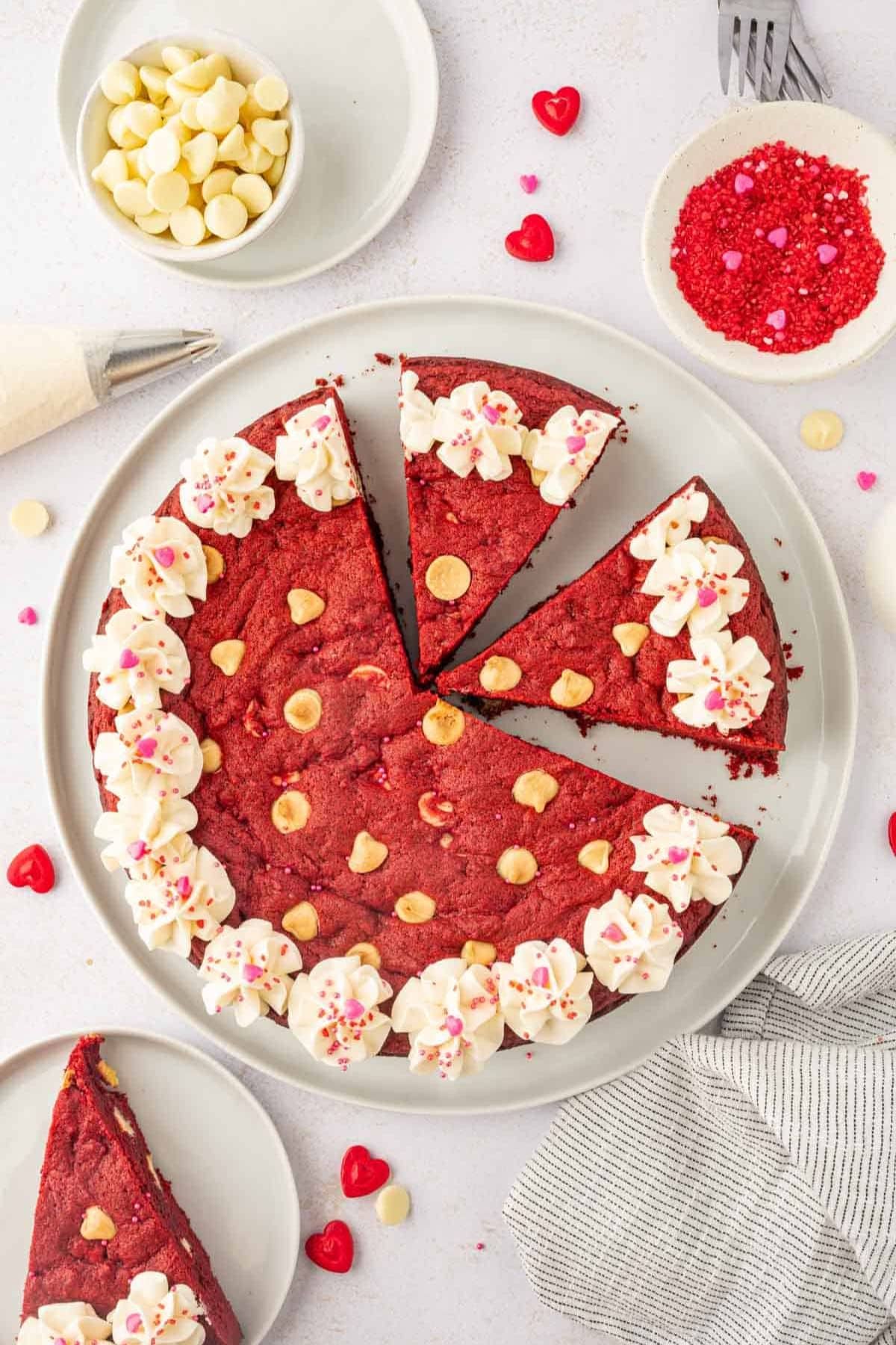 Red cookie cake on a plate.