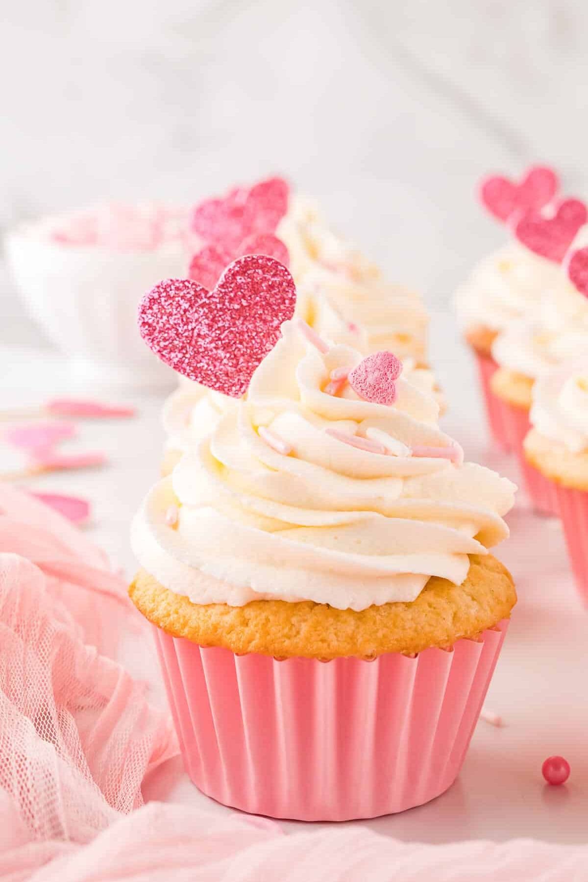 Valentine's Cupcake on a counter.