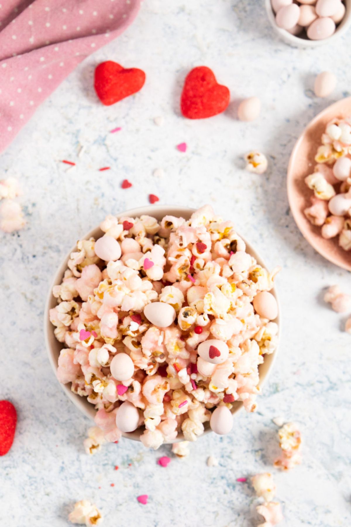 Bowl of pink popcorn.